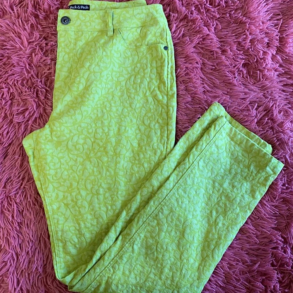 Neon Green Velvet Corduroy Flocked Jeans ~ Scroll Design